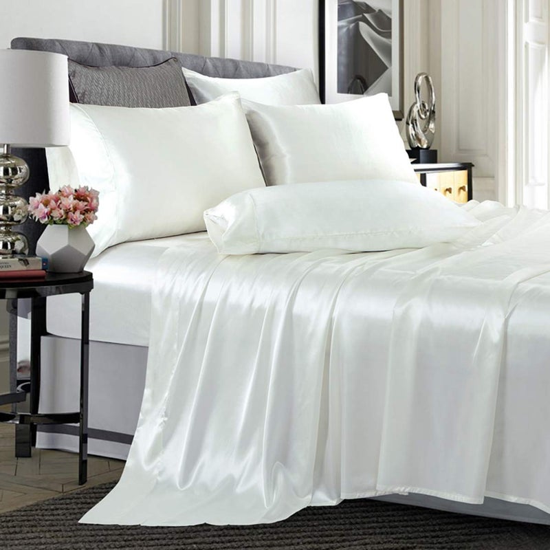 TREELY 6 Piece Queen Size Satin Sheet Set - Silky Smooth Ivory White Sheet Set with Deep Pocket, Fitted Sheet, Flat Sheet, 4 Pillowcases - Image 1